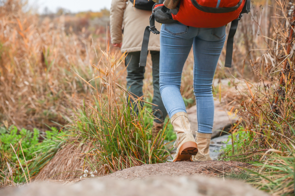 Hikers walking a trail through tall grass
